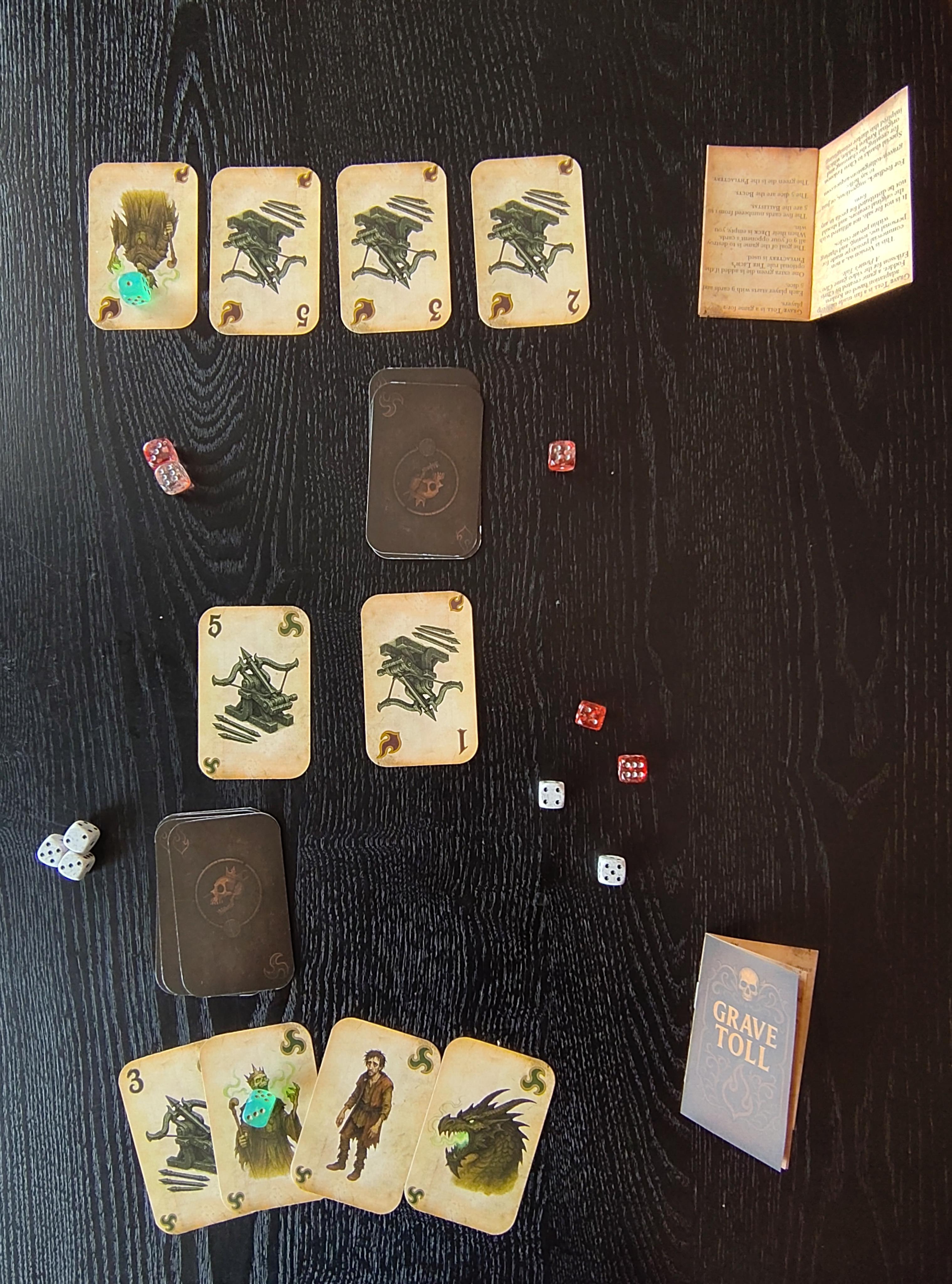 Card and dice game. Prototype game components on a table.