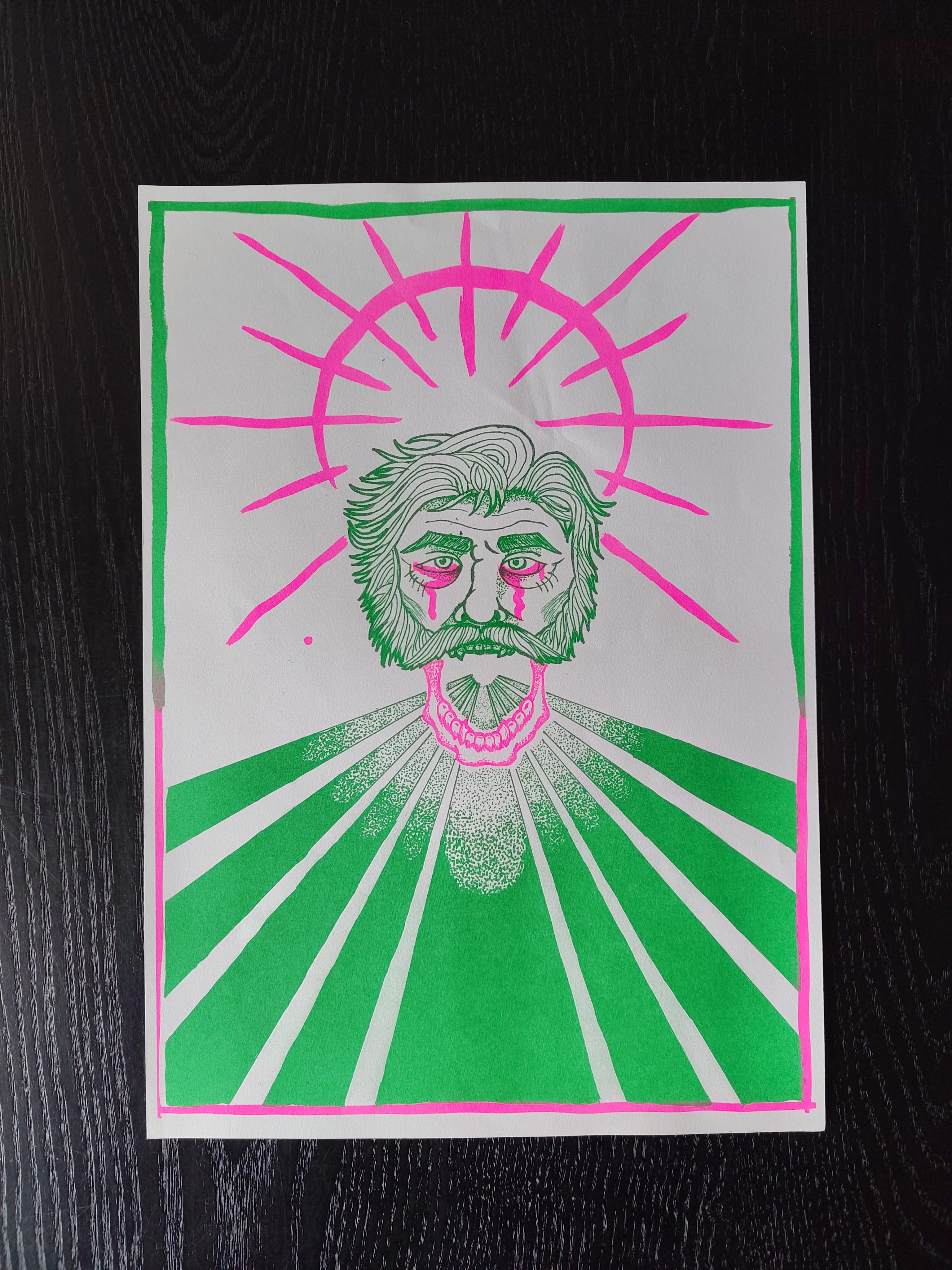 Two-colour risograph print of character with skeletal lower jaw.