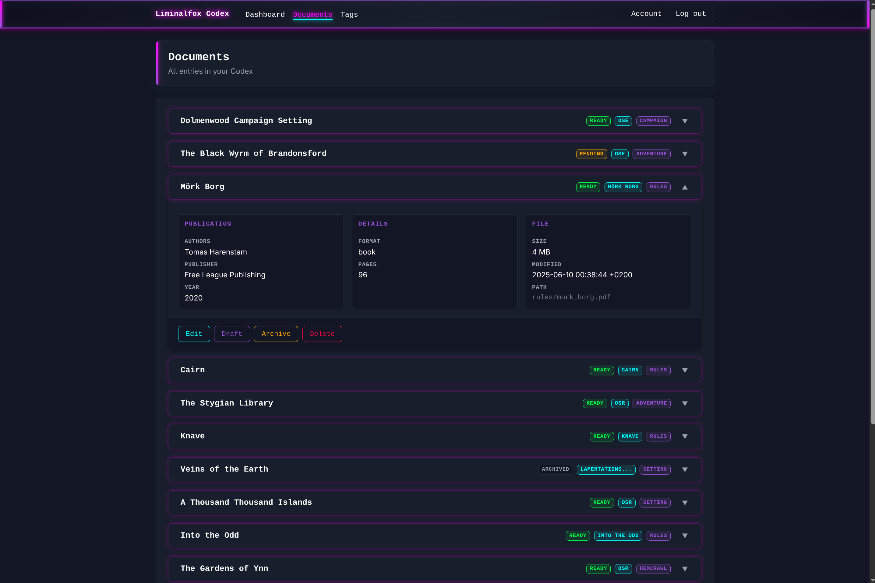 Screenshot of software interface indexing RPG PDFs and publications.